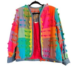 Vintage 80s 90s Crystal Rainbow Patchwork Jacket Artwear Boho Festival size M